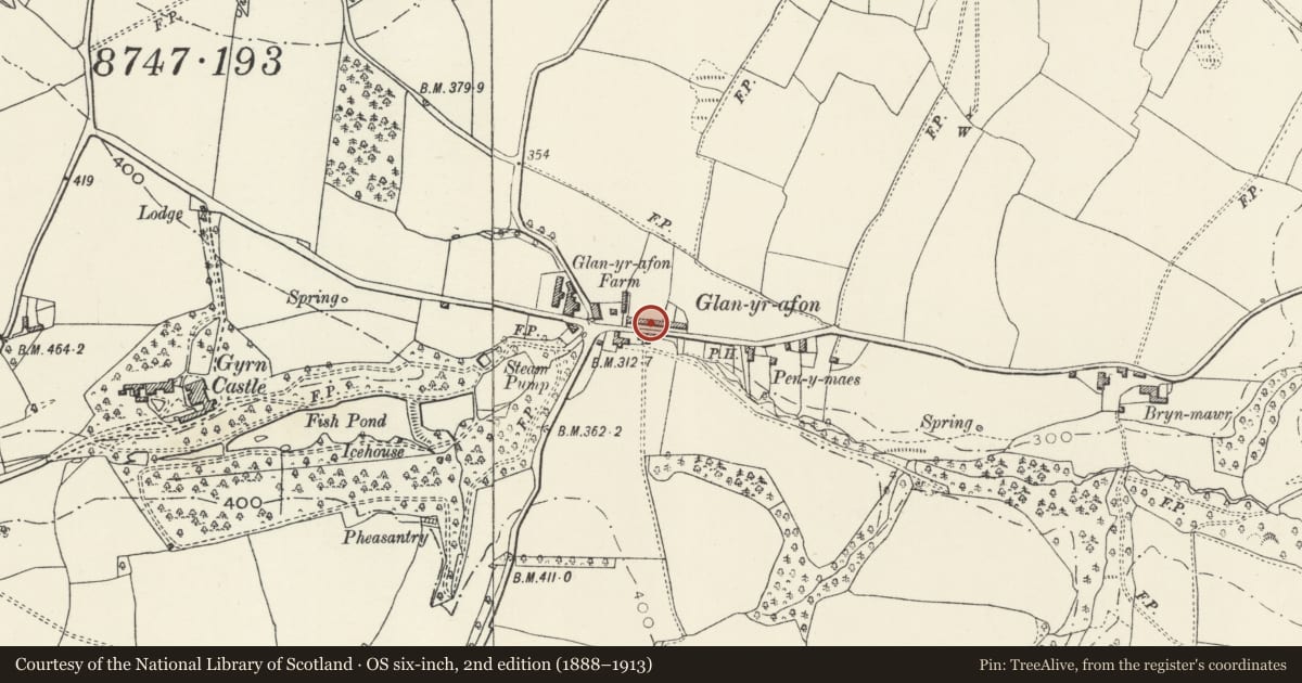 Ordnance Survey six-inch map, 2nd edition (1888–1913) covering the location of 8 Glanyrafon Cottages, Llanasa, Flintshire, with a pin at the register's coordinates
