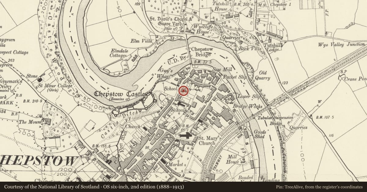 Ordnance Survey six-inch map, 2nd edition (1888–1913) covering the location of Gwy House (Chepstow Museum), Monmouthshire, with a pin at the register's coordinates