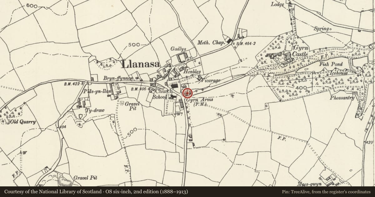 Ordnance Survey six-inch map, 2nd edition (1888–1913) covering the location of Old Gyrn Arms, Llanasa, Flintshire, with a pin at the register's coordinates