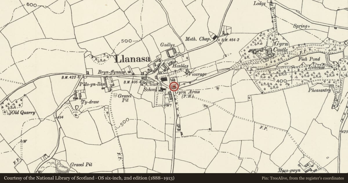Ordnance Survey six-inch map, 2nd edition (1888–1913) covering the location of West Lodge, Llanasa, Flintshire, with a pin at the register's coordinates