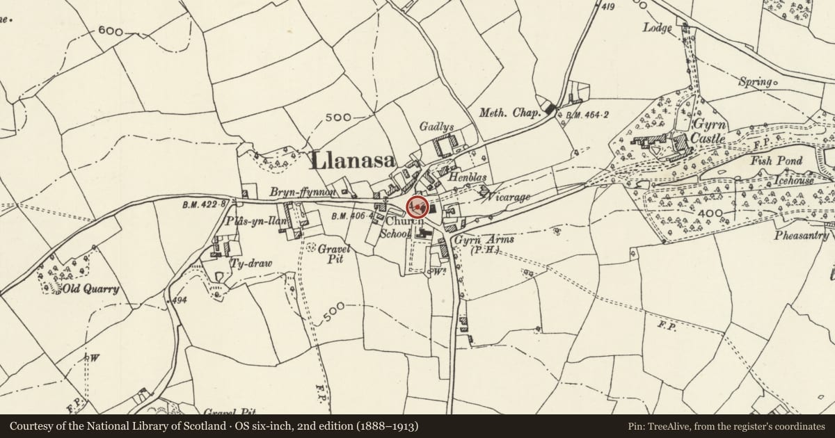 Ordnance Survey six-inch map, 2nd edition (1888–1913) covering the location of Lych Gate in the churchyard of the Church of SS Asaph and Kentigern, Llanasa, Flintshire, with a pin at the register's coordinates