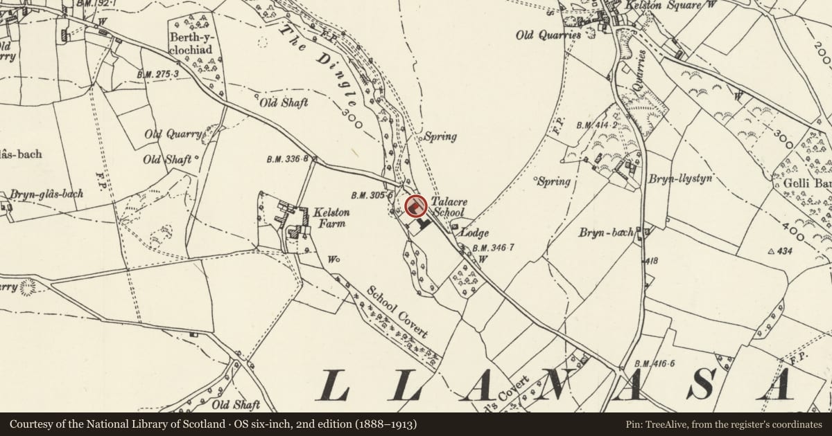 Ordnance Survey six-inch map, 2nd edition (1888–1913) covering the location of St Winefrides, Llanasa, Flintshire, with a pin at the register's coordinates
