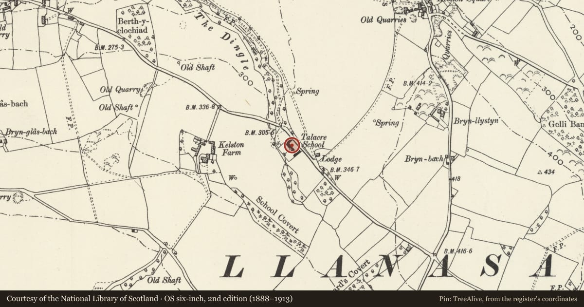 Ordnance Survey six-inch map, 2nd edition (1888–1913) covering the location of St Winefrides School House, Llanasa, Flintshire, with a pin at the register's coordinates