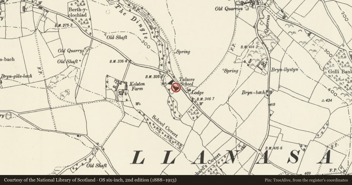Ordnance Survey six-inch map, 2nd edition (1888–1913) covering the location of The School House, Llanasa, Flintshire, with a pin at the register's coordinates