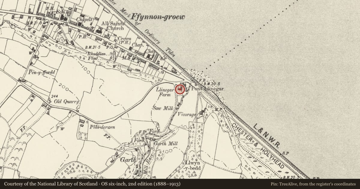 Ordnance Survey six-inch map, 2nd edition (1888–1913) covering the location of Llinegar Farmhouse, Llanasa, Flintshire, with a pin at the register's coordinates