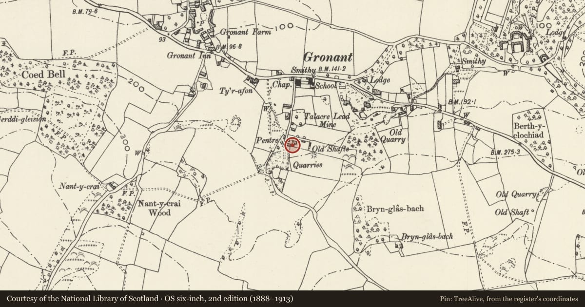 Ordnance Survey six-inch map, 2nd edition (1888–1913) covering the location of Cow house with attached former cart house at Pentre Farm, Llanasa, Flintshire, with a pin at the register's coordinates