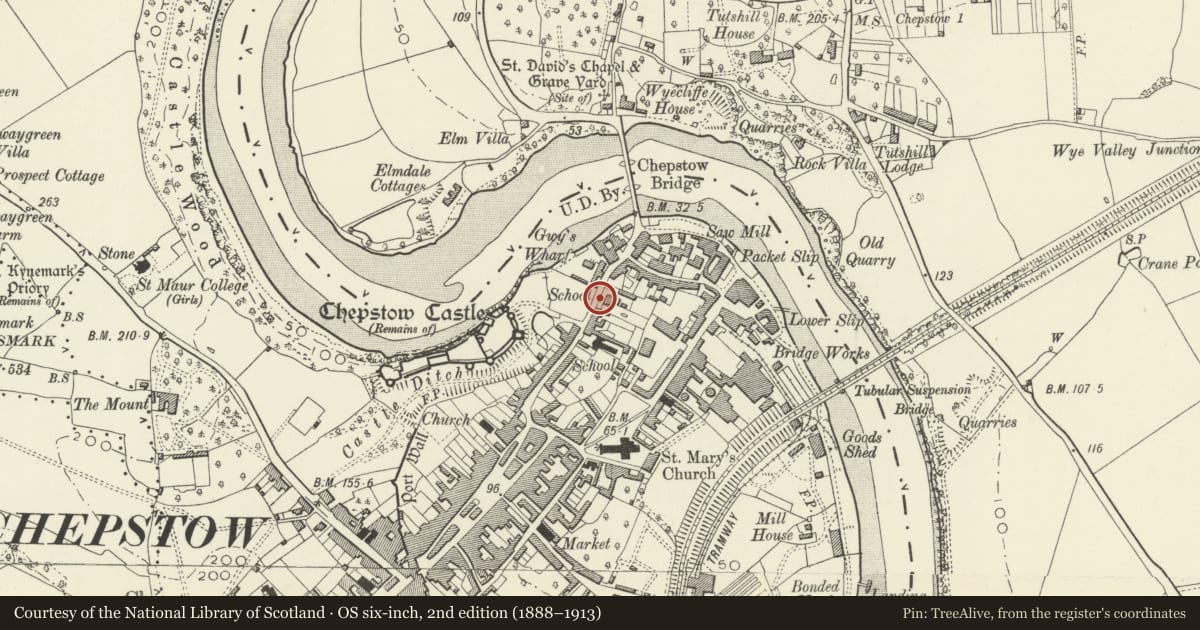 Ordnance Survey six-inch map, 2nd edition (1888–1913) covering the location of Gatepiers and forecourt wall at Gwy House, Chepstow, Monmouthshire, with a pin at the register's coordinates