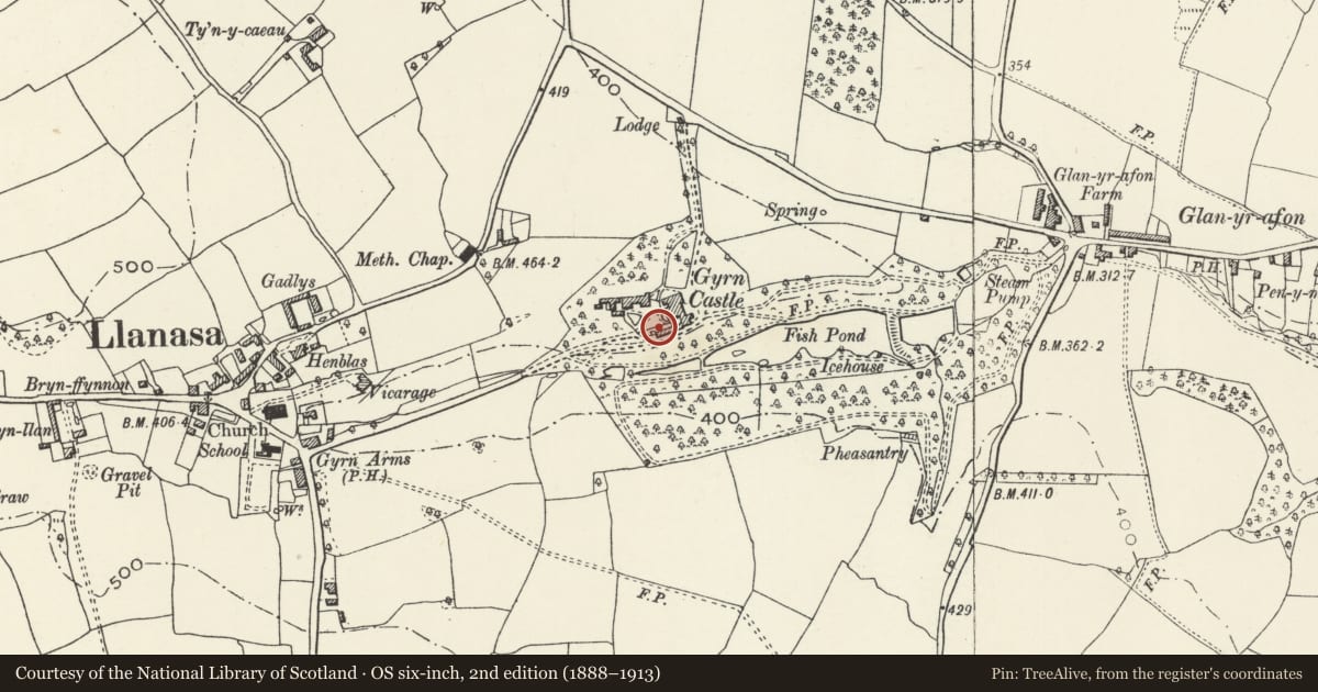 Ordnance Survey six-inch map, 2nd edition (1888–1913) covering the location of Walled garden at Gyrn Castle, Llanasa, Flintshire, with a pin at the register's coordinates