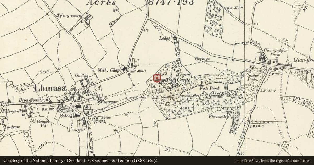 Ordnance Survey six-inch map, 2nd edition (1888–1913) covering the location of Cart House at Gyrn Castle, Llanasa, Flintshire, with a pin at the register's coordinates