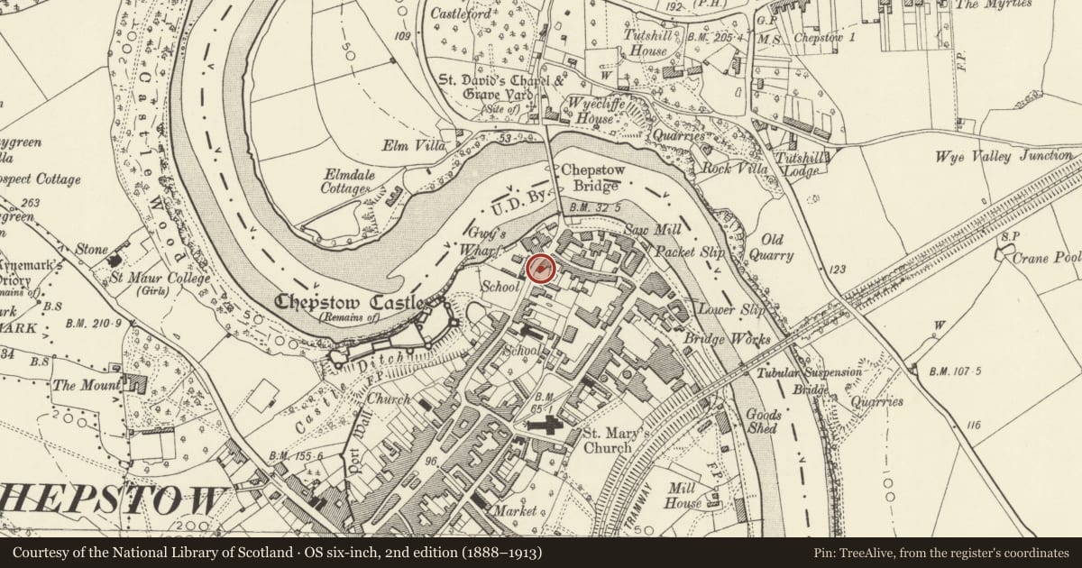 Ordnance Survey six-inch map, 2nd edition (1888–1913) covering the location of Tintern House, Chepstow, Monmouthshire, with a pin at the register's coordinates