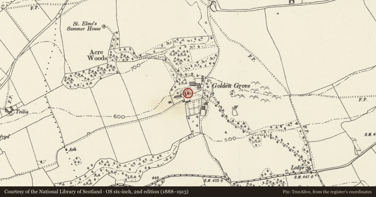 Ordnance Survey six-inch map, 2nd edition (1888–1913) covering the location of Barn at Golden Grove, Llanasa, Flintshire, with a pin at the register's coordinates
