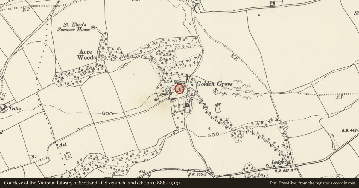 Ordnance Survey six-inch map, 2nd edition (1888–1913) covering the location of Upper steps to terraced garden at Golden Grove, Llanasa, Flintshire, with a pin at the register's coordinates