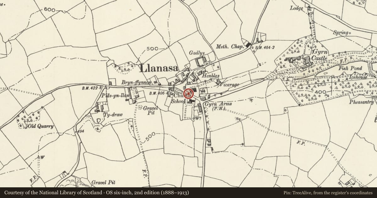 Ordnance Survey six-inch map, 2nd edition (1888–1913) covering the location of Gateway to cemetery opposite Llanasa church, Flintshire, with a pin at the register's coordinates