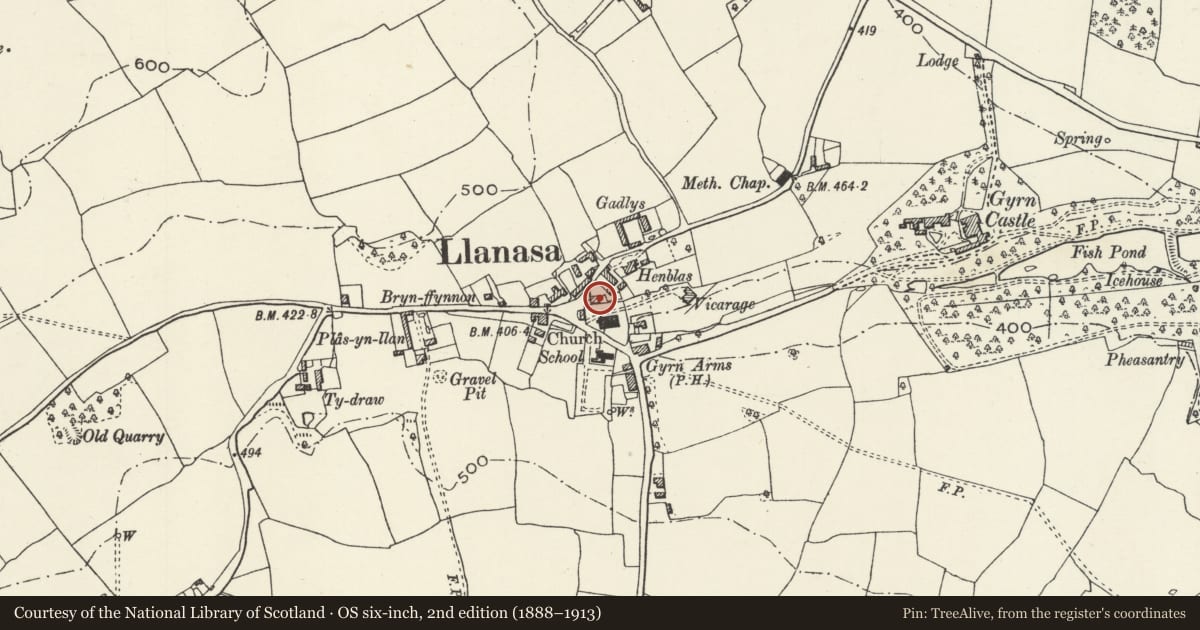 Ordnance Survey six-inch map, 2nd edition (1888–1913) covering the location of Old Post Office, Llanasa, Flintshire, with a pin at the register's coordinates