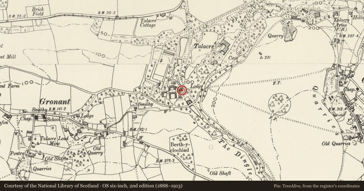 Ordnance Survey six-inch map, 2nd edition (1888–1913) covering the location of Outbuilding on NE side of Home Farm at Talacre Abbey, Llanasa, Flintshire, with a pin at the register's coordinates