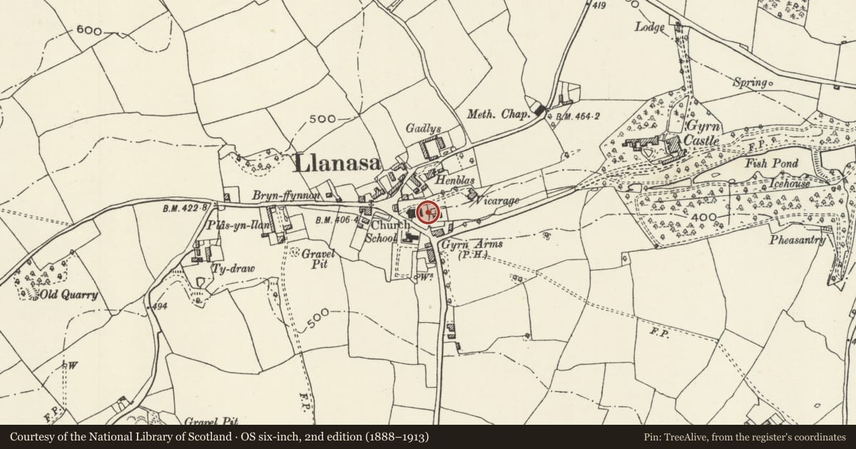 Ordnance Survey six-inch map, 2nd edition (1888–1913) covering the location of Tomb of William of Gwespyr in the churchyard of the Church of SS Asaph and Kentigern, Llanasa, Flintshire, with a pin at the register's coordinates