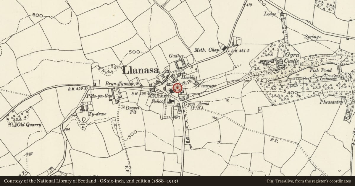 Ordnance Survey six-inch map, 2nd edition (1888–1913) covering the location of Tomb of Hugo ap Robert in the churchyard of the Church of SS Asaph and Kentigern, Llanasa, Flintshire, with a pin at the register's coordinates