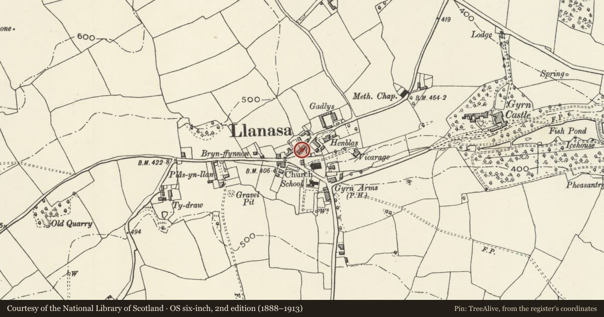 Ordnance Survey six-inch map, 2nd edition (1888–1913) covering the location of Grove Villa, Llanasa, Flintshire, with a pin at the register's coordinates