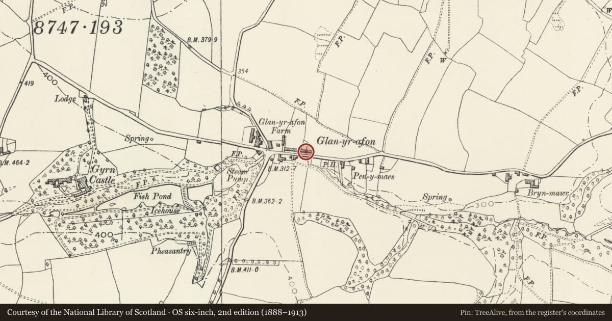 Ordnance Survey six-inch map, 2nd edition (1888–1913) covering the location of 12 Glanyrafon Cottages, Llanasa, Flintshire, with a pin at the register's coordinates