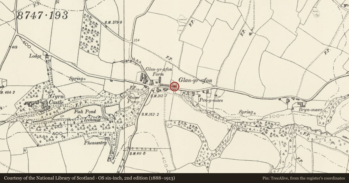 Ordnance Survey six-inch map, 2nd edition (1888–1913) covering the location of 14 Glanyrafon Cottages, Llanasa, Flintshire, with a pin at the register's coordinates