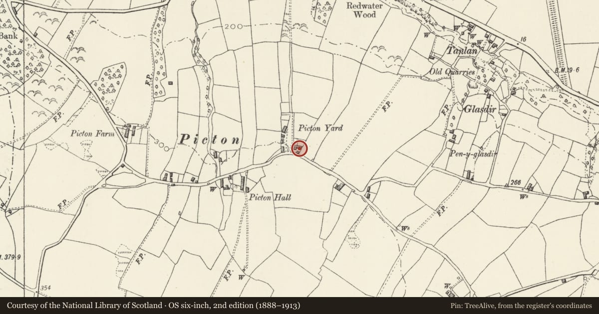 Ordnance Survey six-inch map, 2nd edition (1888–1913) covering the location of Picton Yard Farm, Llanasa, Flintshire, with a pin at the register's coordinates