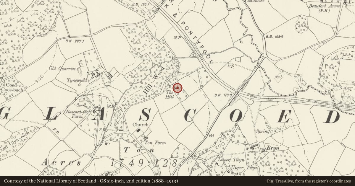 Ordnance Survey six-inch map, 2nd edition (1888–1913) covering the location of Hill Farmhouse, Llanbadoc, Monmouthshire, with a pin at the register's coordinates