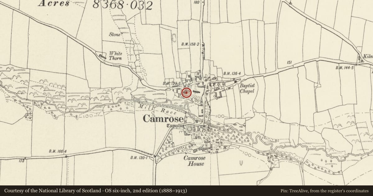 Ordnance Survey six-inch map, 2nd edition (1888–1913) covering the location of The Vicarage, Camrose, Pembrokeshire, with a pin at the register's coordinates