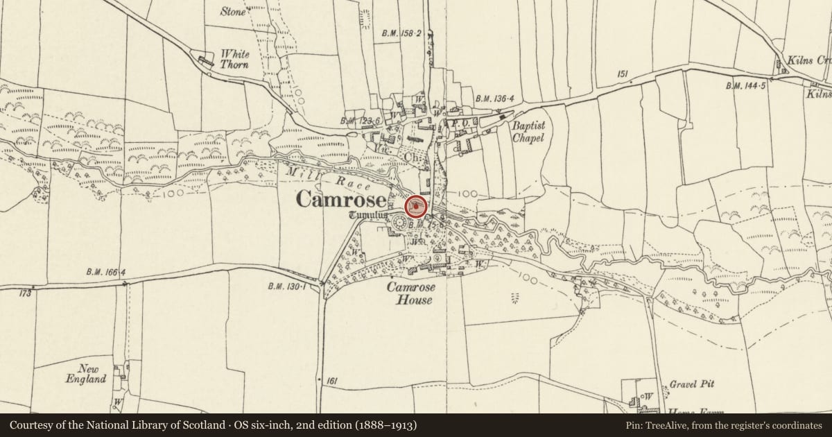 Ordnance Survey six-inch map, 2nd edition (1888–1913) covering the location of Camrose Mill, Pembrokeshire, with a pin at the register's coordinates