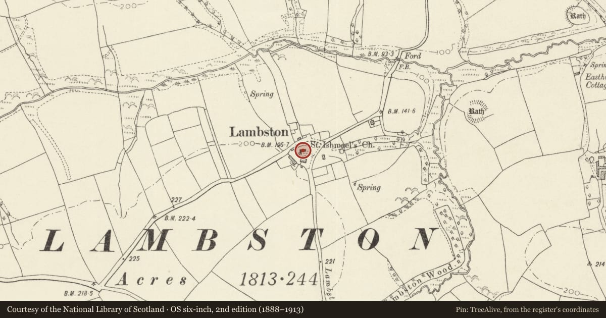 Ordnance Survey six-inch map, 2nd edition (1888–1913) covering the location of Church of St Ishmael, Camrose, Pembrokeshire, with a pin at the register's coordinates