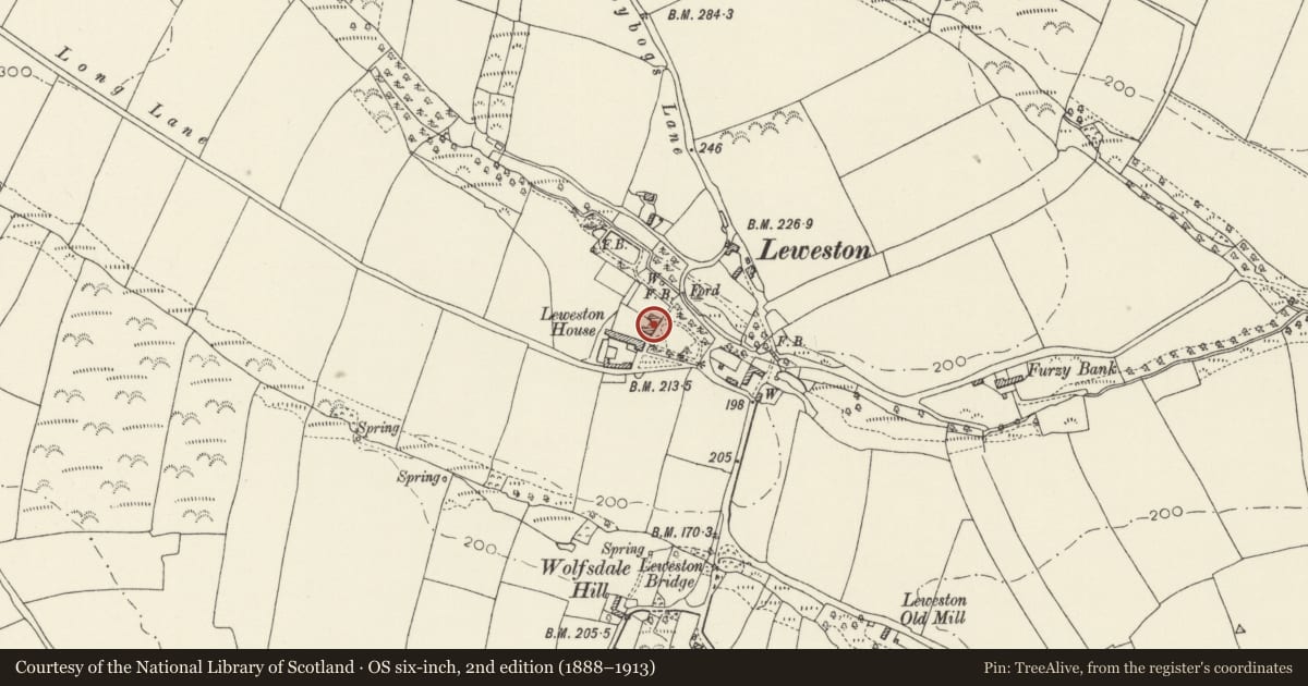 Ordnance Survey six-inch map, 2nd edition (1888–1913) covering the location of Leweston, Camrose, Pembrokeshire, with a pin at the register's coordinates