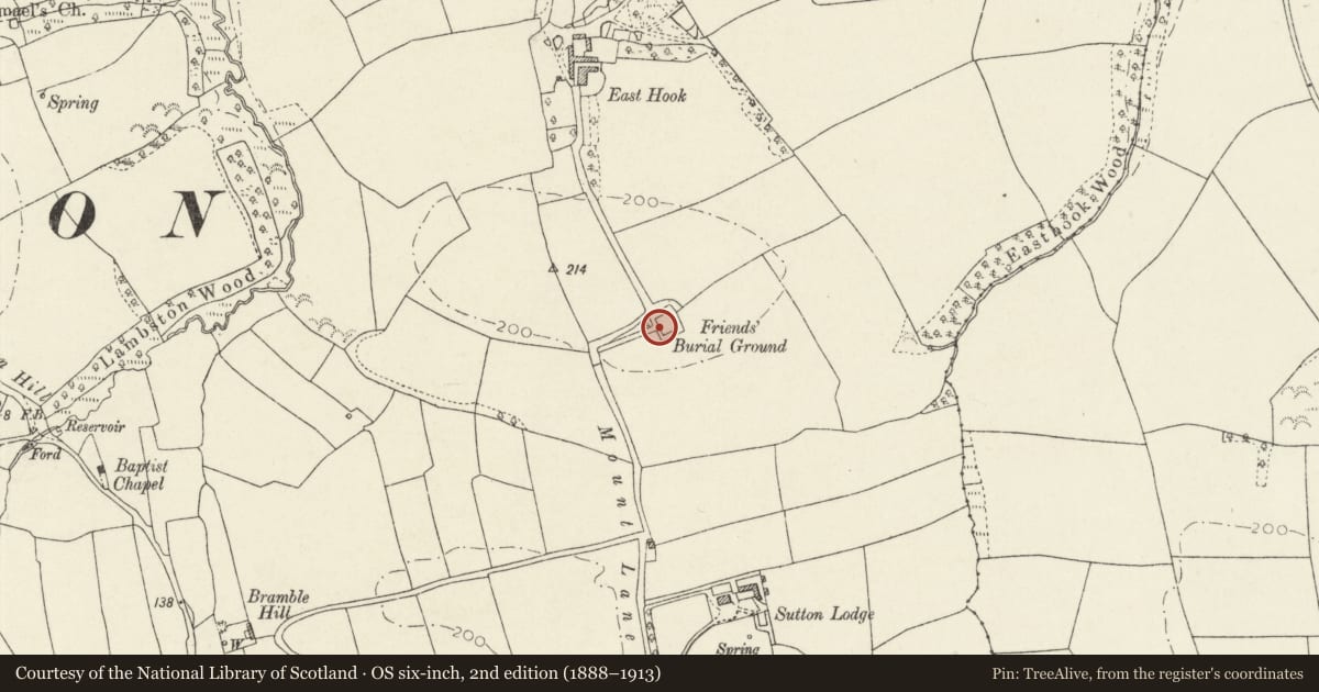 Ordnance Survey six-inch map, 2nd edition (1888–1913) covering the location of Walls of Friends Burial Ground, Camrose, Pembrokeshire, with a pin at the register's coordinates