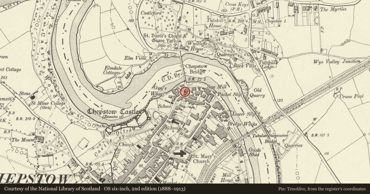 Ordnance Survey six-inch map, 2nd edition (1888–1913) covering the location of Bridge House, Chepstow, Monmouthshire, with a pin at the register's coordinates
