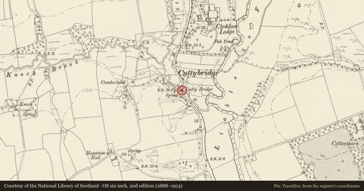 Ordnance Survey six-inch map, 2nd edition (1888–1913) covering the location of Cutty Bridge, Camrose, Pembrokeshire, with a pin at the register's coordinates