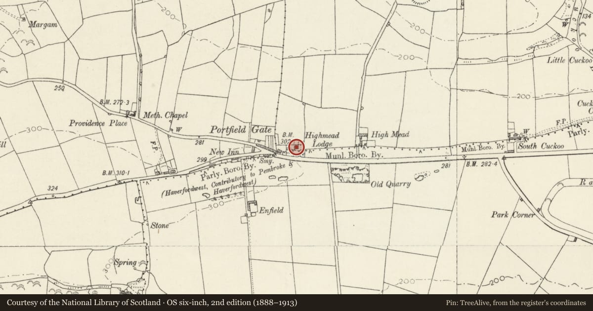 Ordnance Survey six-inch map, 2nd edition (1888–1913) covering the location of Highmead Lodge, Camrose, Pembrokeshire, with a pin at the register's coordinates