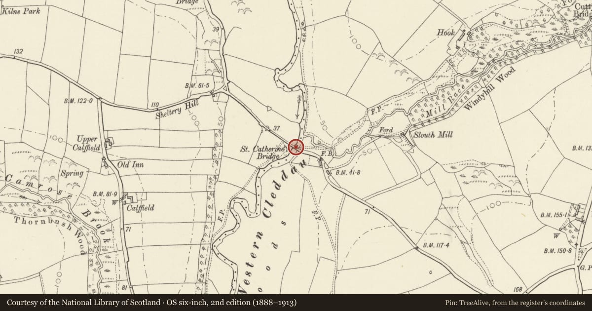 Ordnance Survey six-inch map, 2nd edition (1888–1913) covering the location of St Catherines Bridge (partly in Rudbaxton community), Camrose, Pembrokeshire, with a pin at the register's coordinates