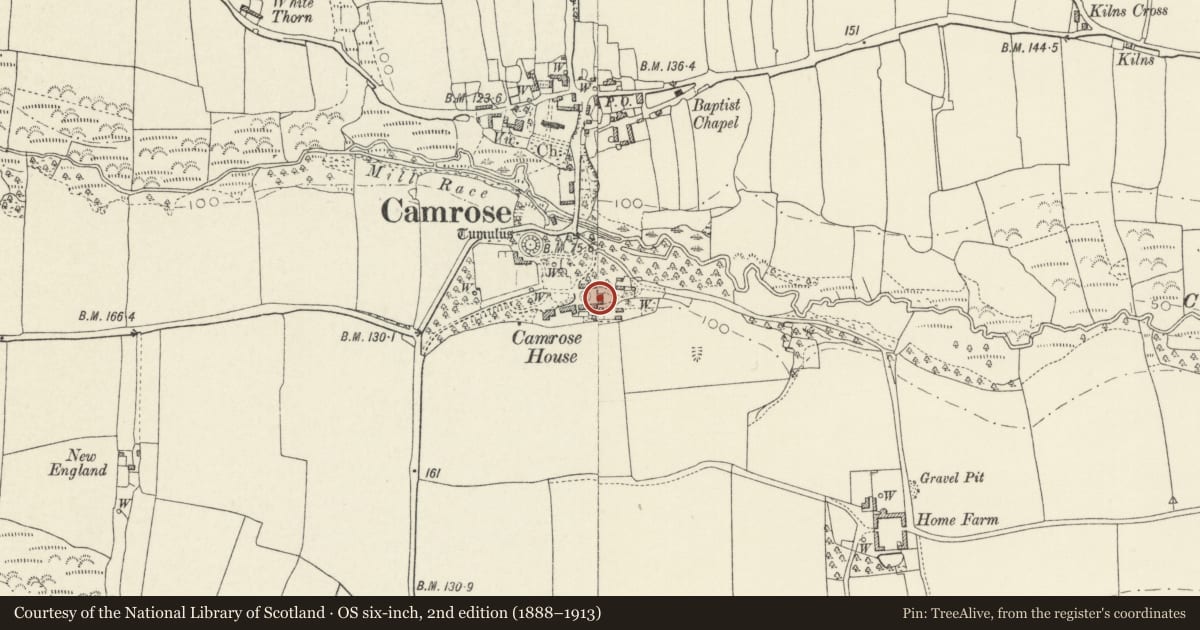 Ordnance Survey six-inch map, 2nd edition (1888–1913) covering the location of Coach-house at Camrose House, Pembrokeshire, with a pin at the register's coordinates