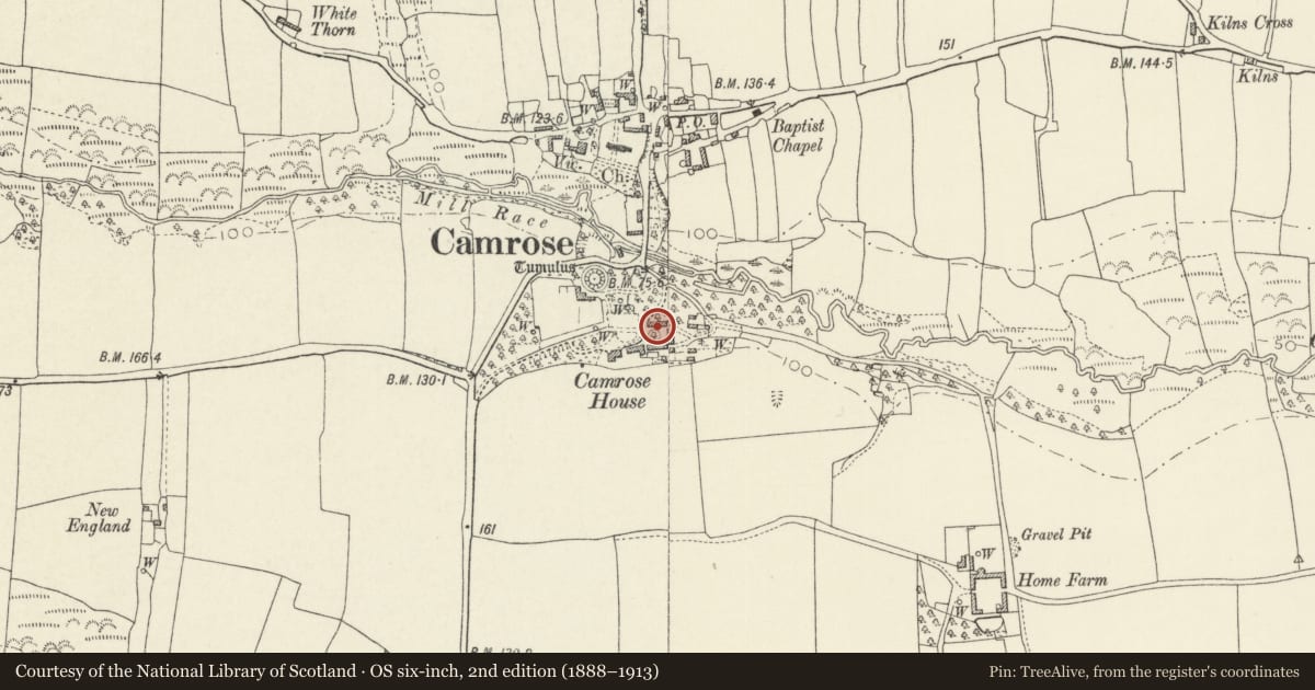 Ordnance Survey six-inch map, 2nd edition (1888–1913) covering the location of Outbuilding on N side of service yard at Camrose House, Pembrokeshire, with a pin at the register's coordinates