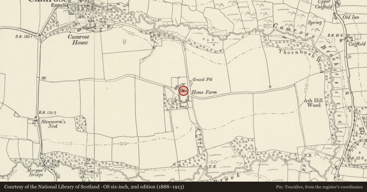 Ordnance Survey six-inch map, 2nd edition (1888–1913) covering the location of Lofted outbuilding, wings and gin-house at Camrose Home Farm, Pembrokeshire, with a pin at the register's coordinates