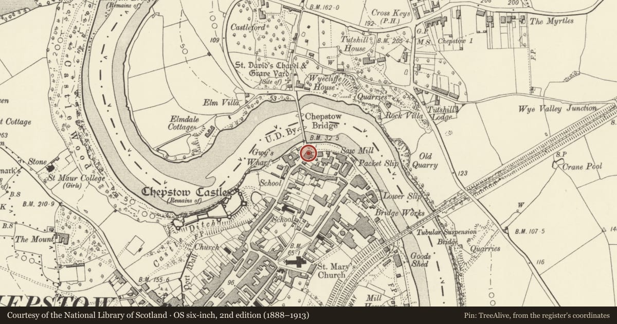Ordnance Survey six-inch map, 2nd edition (1888–1913) covering the location of The Bridge Inn, Chepstow, Monmouthshire, with a pin at the register's coordinates
