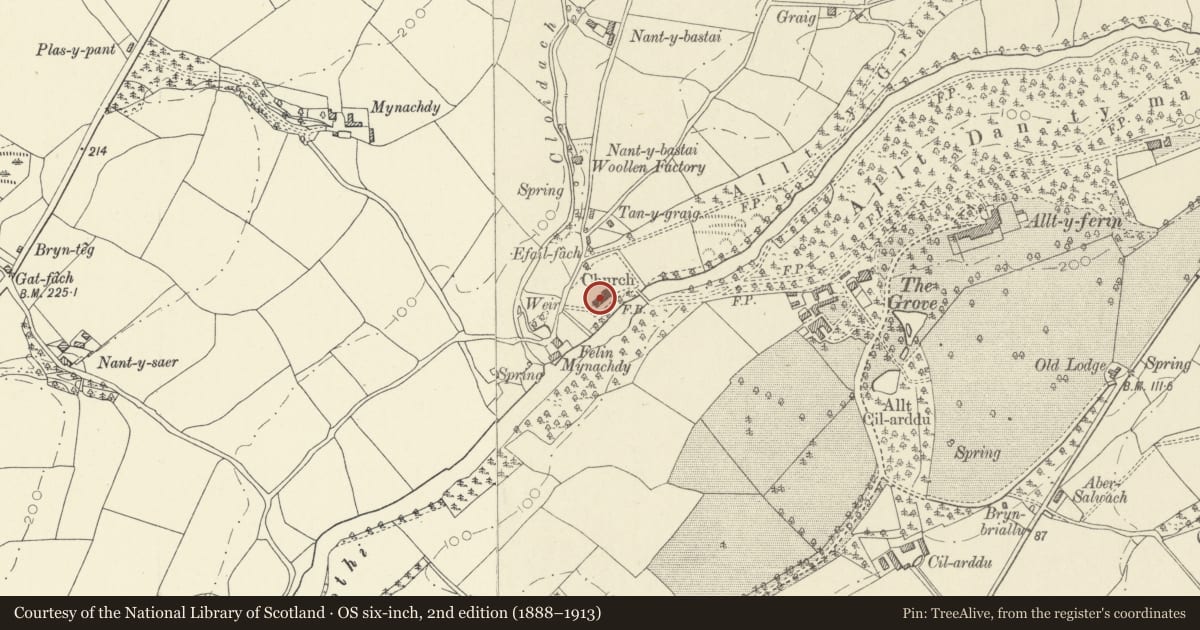 Ordnance Survey six-inch map, 2nd edition (1888–1913) covering the location of Church of the Holy Trinity, Llanegwad, Carmarthenshire, with a pin at the register's coordinates