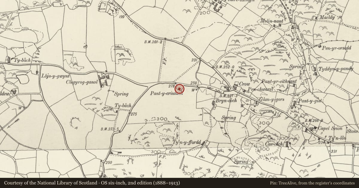 Ordnance Survey six-inch map, 2nd edition (1888–1913) covering the location of Pant-y-cryntach, Mechell, Isle of Anglesey, with a pin at the register's coordinates