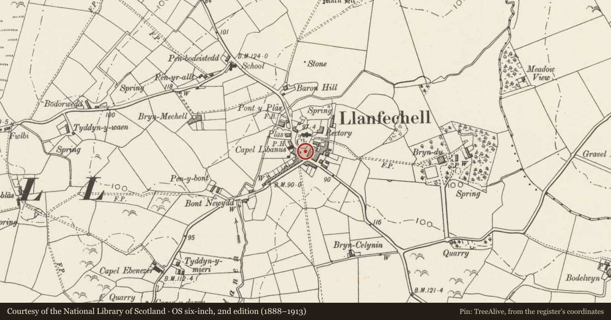 Ordnance Survey six-inch map, 2nd edition (1888–1913) covering the location of War Memorial, Mechell, Isle of Anglesey, with a pin at the register's coordinates