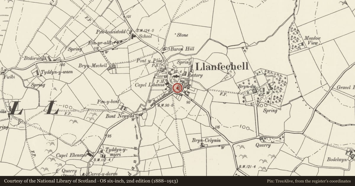 Ordnance Survey six-inch map, 2nd edition (1888–1913) covering the location of Crown Terrace, Mechell, Isle of Anglesey, with a pin at the register's coordinates