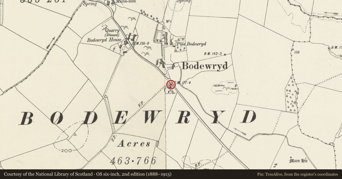 Ordnance Survey six-inch map, 2nd edition (1888–1913) covering the location of Lychgate at Church of St Mary, Mechell, Isle of Anglesey, with a pin at the register's coordinates