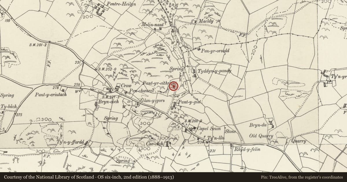 Ordnance Survey six-inch map, 2nd edition (1888–1913) covering the location of Cottage at Pant-y-Gist, Mechell, Isle of Anglesey, with a pin at the register's coordinates