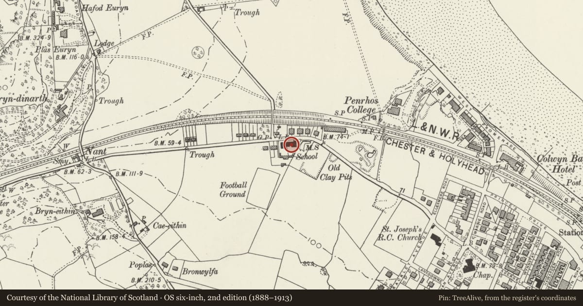 Ordnance Survey six-inch map, 2nd edition (1888–1913) covering the location of Colwyn Bay County Primary School, Conwy, with a pin at the register's coordinates