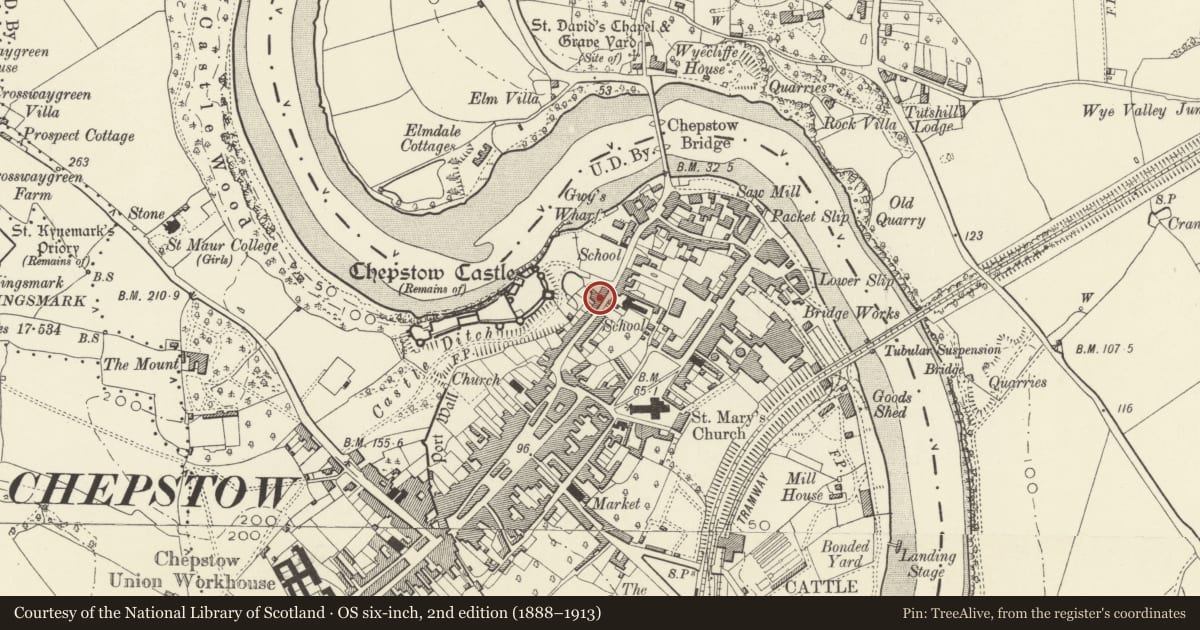 Ordnance Survey six-inch map, 2nd edition (1888–1913) covering the location of Three Tuns Inn, Chepstow, Monmouthshire, with a pin at the register's coordinates