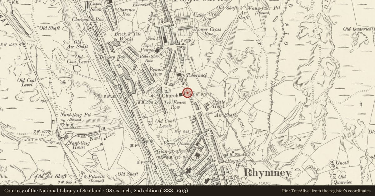 Ordnance Survey six-inch map, 2nd edition (1888–1913) covering the location of Boundary Wall and Railings at St David's Churchyard, Rhymney, Caerphilly, with a pin at the register's coordinates