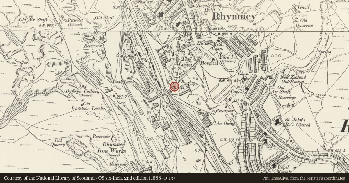 Ordnance Survey six-inch map, 2nd edition (1888–1913) covering the location of Former Pay Office Noddfa Buildings, Rhymney, Caerphilly, with a pin at the register's coordinates