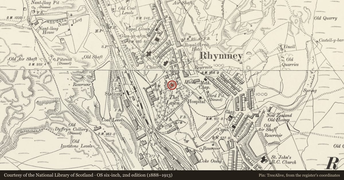 Ordnance Survey six-inch map, 2nd edition (1888–1913) covering the location of Nos 1 and 2 The Lawn, Rhymney, Caerphilly, with a pin at the register's coordinates